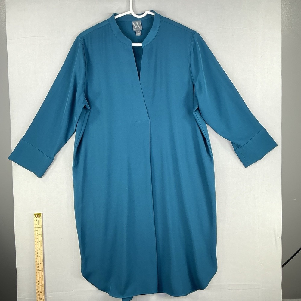 Worthington Womens Teal Long Blouse Medium 3/4 Sleeve V Neck Career Top